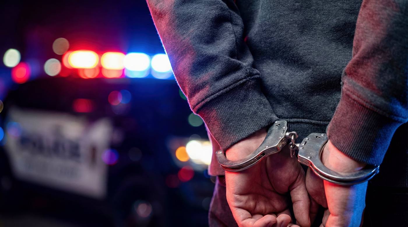 Handcuffed person with police lights in the background