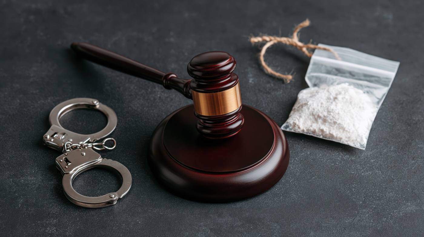 A judge's gavel, handcuffs, and a bag of white powder on a dark surface