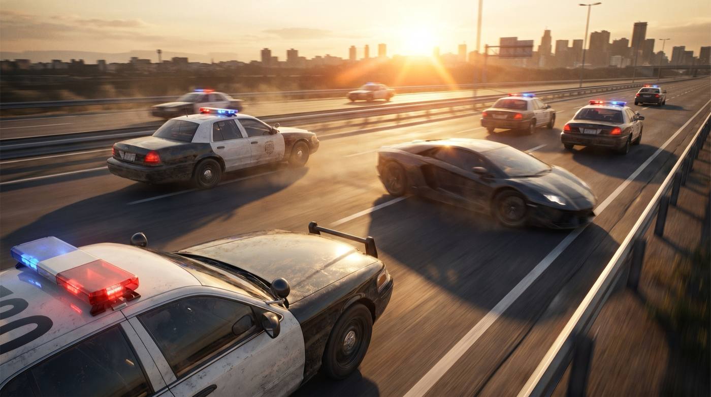 Police cars pursuing a vehicle on a highway at sunset