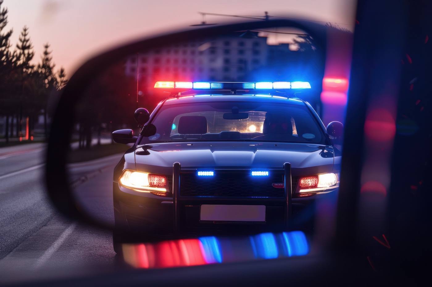 Police car with flashing lights reflected in a side-view mirror