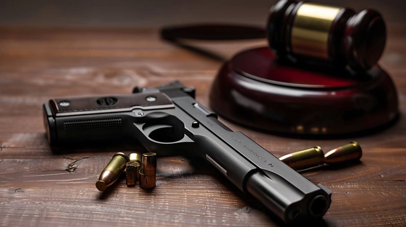 Handgun and ammunition beside a judge's gavel